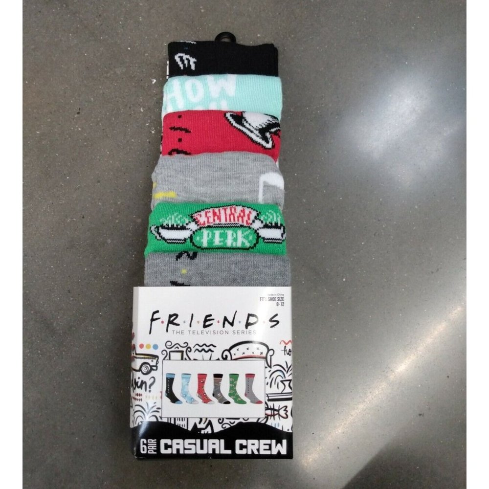 FRIENDS SITCOM MENS CASUAL CREW SOCKS FITS SHOE SIZE 8-12. SIX PAIRS